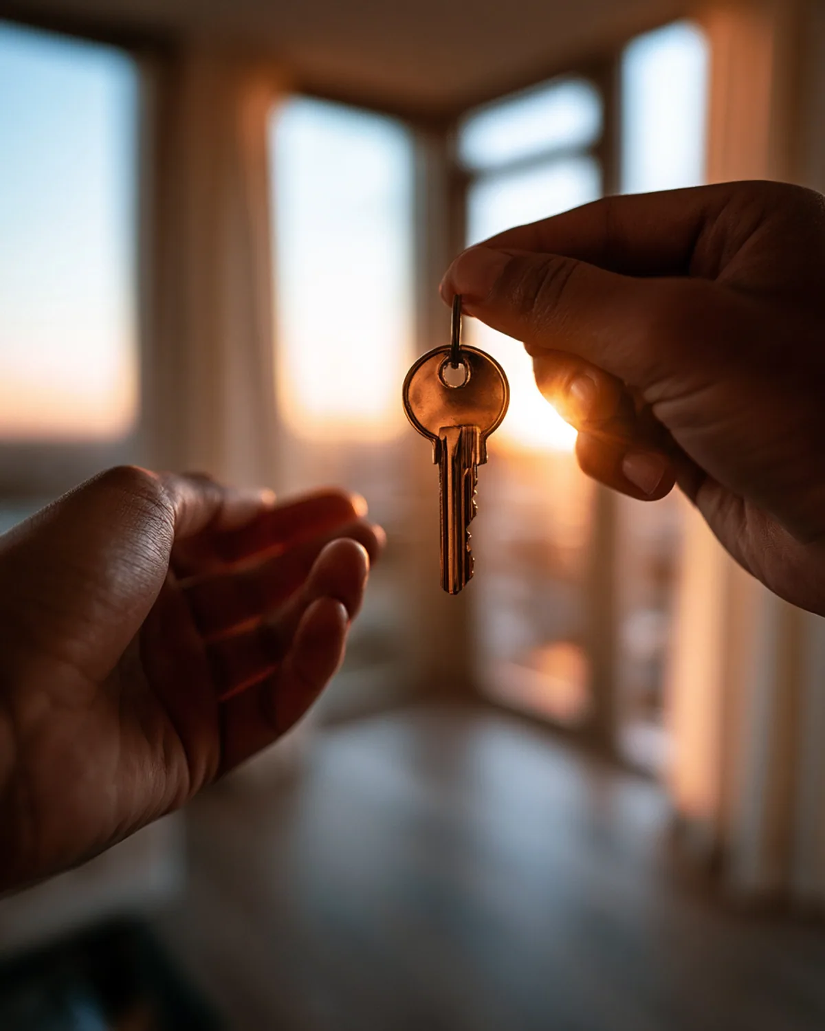Sleuteloverdracht in een lichte Nederlandse woning bij zonsondergang